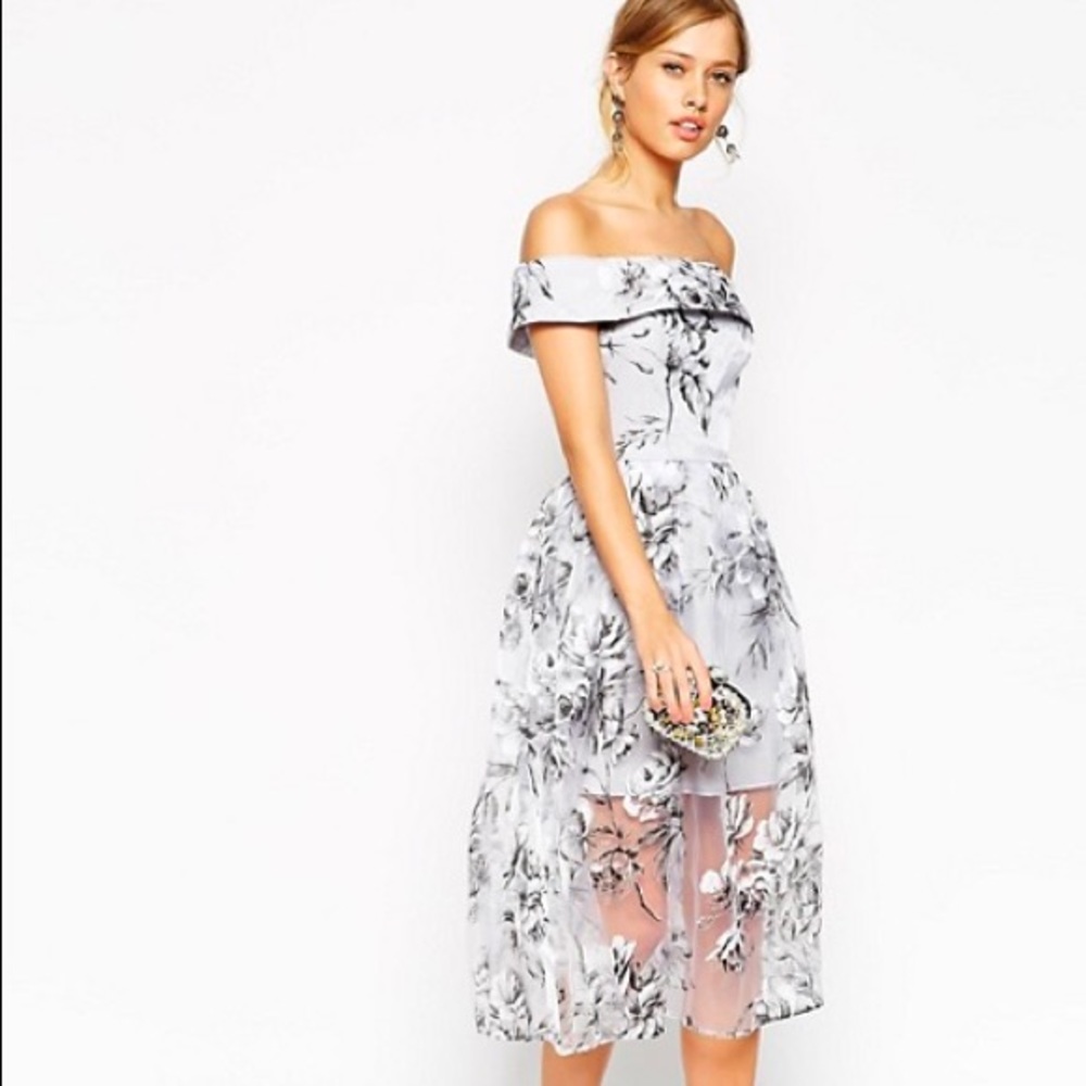 ASOS silver floral Bardot dress